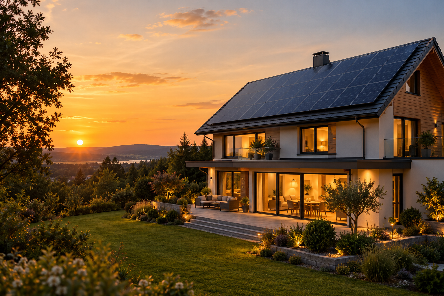 Casa com painéis solares no telhado ao pôr do sol